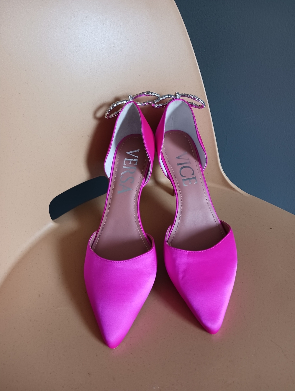 Hot Pink Satin Pointed-Toe D'Orsay Flats with Crystal Bow